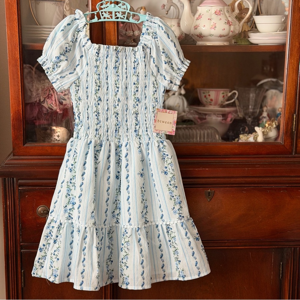 White with Light Blue Floral Smocked Puff Sleeve Dress NWT’s